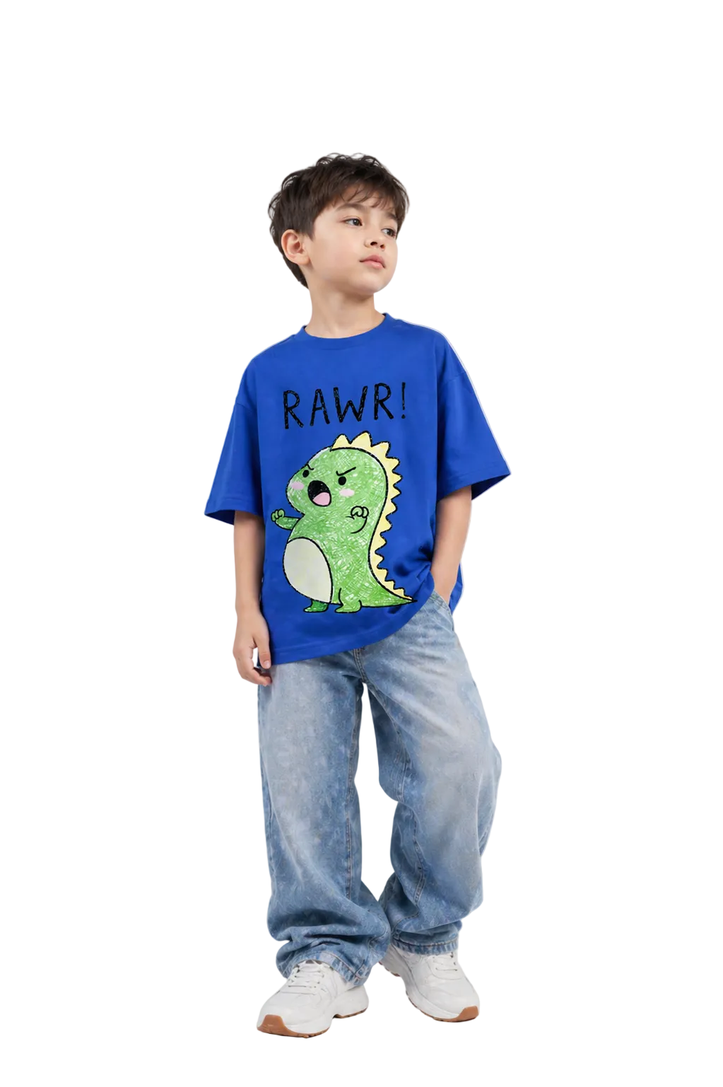 Child wearing a blue t-shirt with a dinosaur graphic and 'RAWR!' text on a gray background