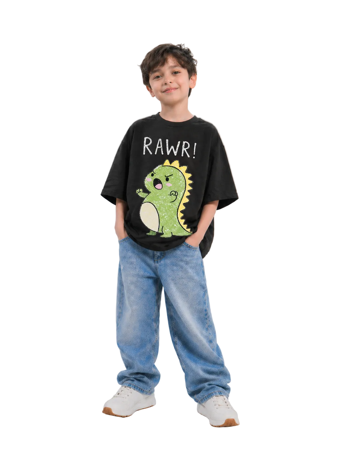 Child wearing a black t-shirt with a dinosaur graphic and 'RAWR!' text on a white background