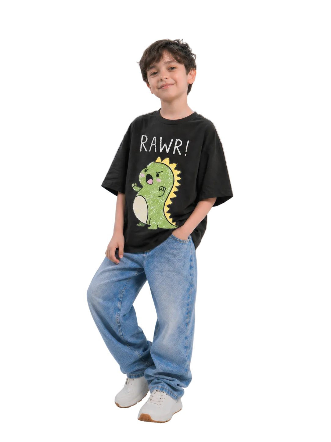 Child wearing a black t-shirt with a dinosaur graphic and 'RAWR!' text, standing against a plain background.