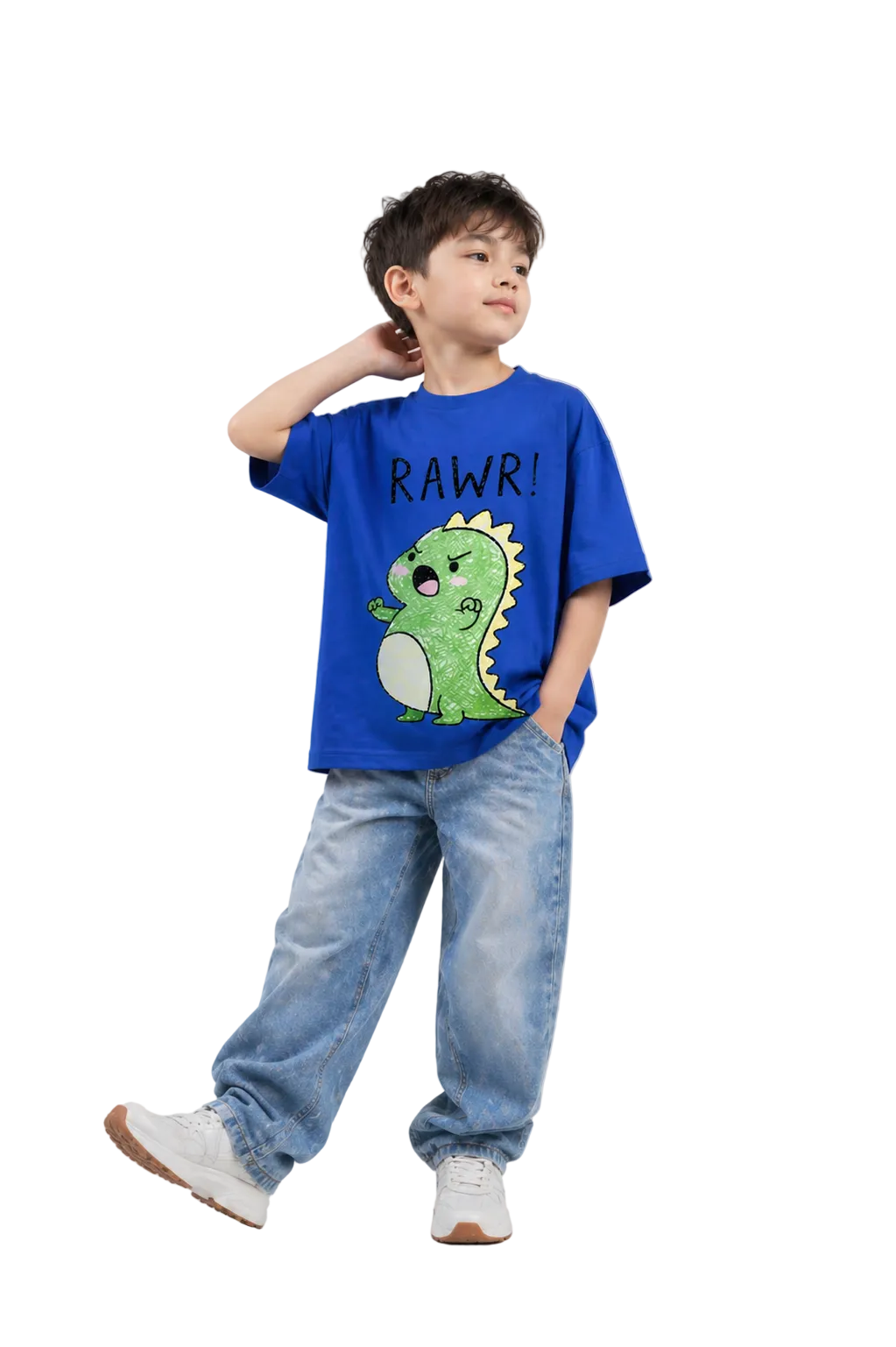 Child wearing a blue t-shirt with a dinosaur graphic and 'RAWR!' text on a gray background