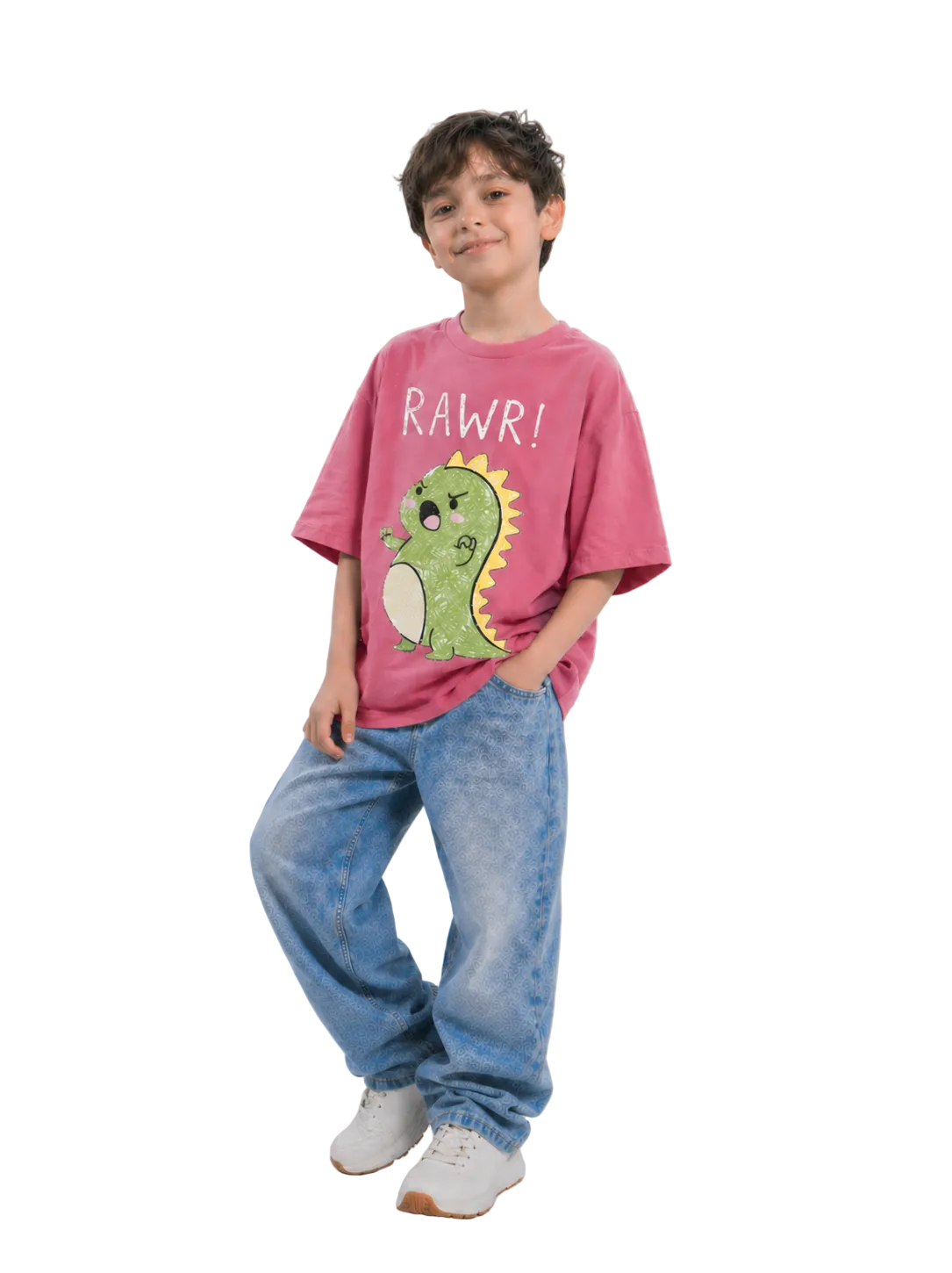 Child wearing a pink t-shirt with a dinosaur graphic and 'RAWR!' text on a gray background