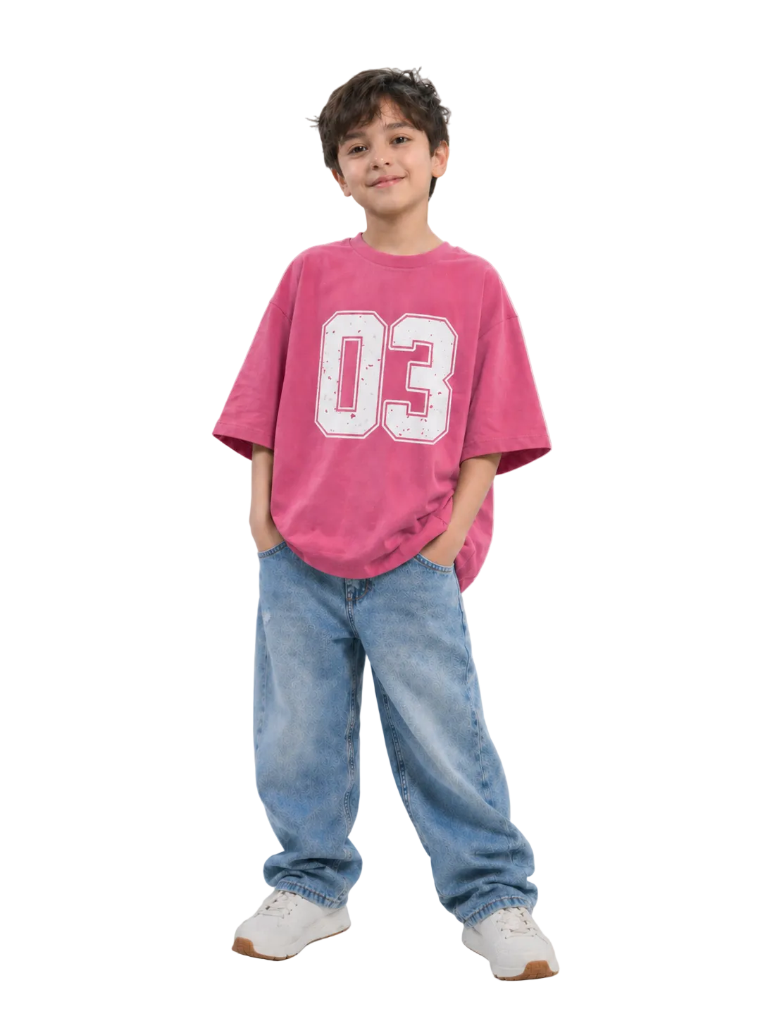Child wearing a pink t-shirt with the number 03 and blue jeans on a white background